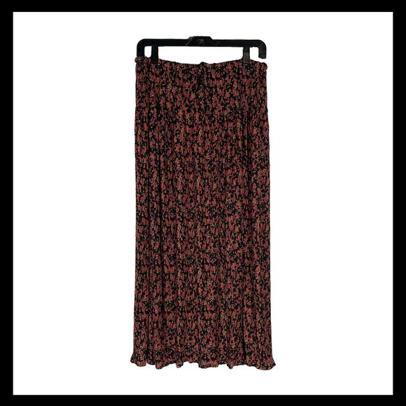 VTG Sag Harbor Maxi Skirt Black Red Orange Ditsy Floral Pleated Drawstring S - Picture 1 of 10